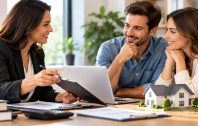 Mortgage advisor discussing loan options with prospective borrowers during a home financing consultation