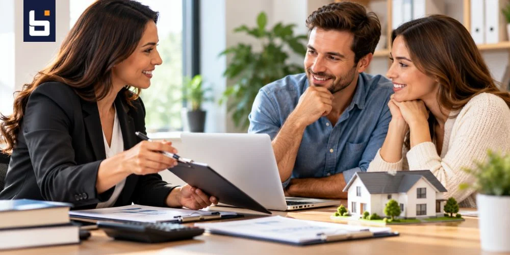 Mortgage advisor discussing loan options with prospective borrowers during a home financing consultation