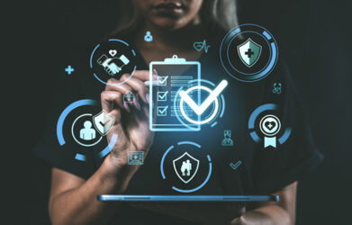 Illustration depicting ACA enrollment solutions with digital tools and diverse consumer engagement.