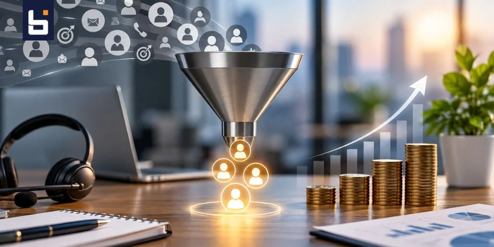 Lead qualification outsourcing pricing and cost analysis with qualified leads flowing through a sales funnel