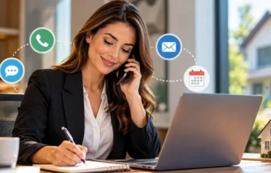 Mortgage professional following up with a borrower by phone while managing leads on a laptop