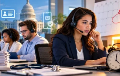 Healthcare enrollment call center agent managing insurance applications during the ACA open enrollment period, with identity verification and deadline-related workload pressures.