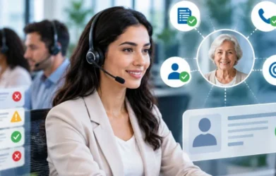 Medicare lead validation specialist reviewing and qualifying senior healthcare inquiries in a professional call center