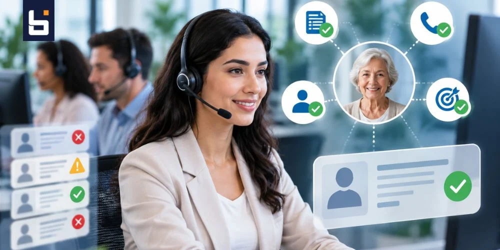 Medicare lead validation specialist reviewing and qualifying senior healthcare inquiries in a professional call center