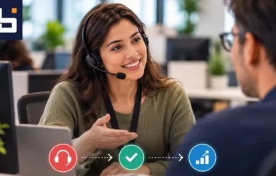 Customer service agent assisting a customer, illustrating how contact centers can drive sales while maintaining customer satisfaction.