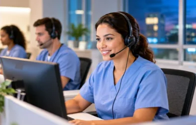 247 healthcare answering service agent handling patient calls in a professional medical call center