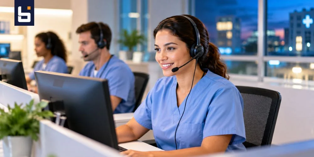 247 healthcare answering service agent handling patient calls in a professional medical call center