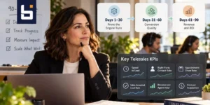 Sales leader reviewing a 90-day outsourced telesales pilot scorecard with KPIs for lead response time, contact rates, appointment attendance, revenue, and acquisition costs.