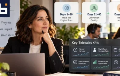 Sales leader reviewing a 90-day outsourced telesales pilot scorecard with KPIs for lead response time, contact rates, appointment attendance, revenue, and acquisition costs.