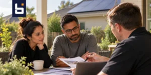 Solar consultant discussing rooftop solar options with homeowners during a qualification consultation.
