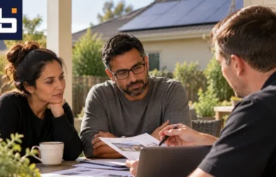 Solar consultant discussing rooftop solar options with homeowners during a qualification consultation.