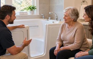 Homeowner discussing walk-in tub features with an installer and family member during a bathroom consultation